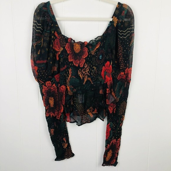 Farm Rio Black River Creatures Smocked Blouse X-Small - Picture 7 of 16